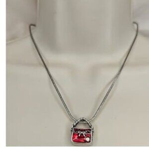 BRIGHTON Necklace: Red Alison Purse pendant necklace silver plated chain RETIRED